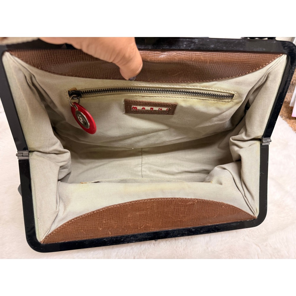 Y2K Marni Grey Canvas Bag Acrylic Frame Leather Trim Geometric Buckle Doctor Bag - Picture 6 of 9